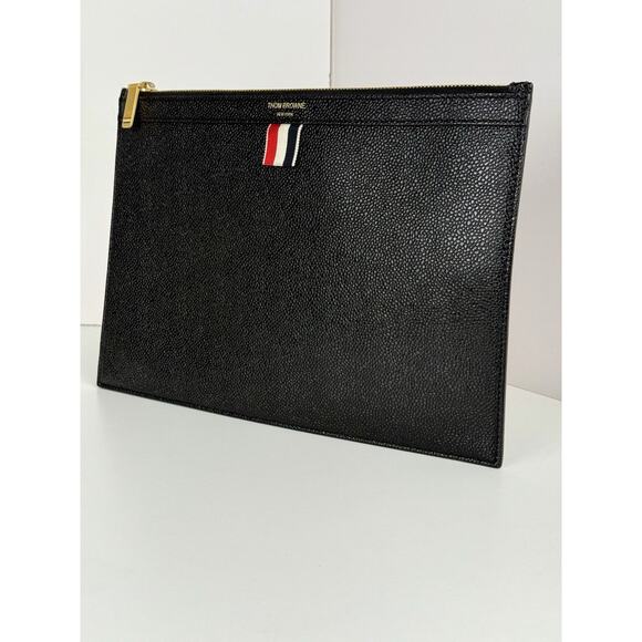 Thom Browne Handbags - Thom Browne Logo Printed Zipped Clutch Black Caviar Leather Bag